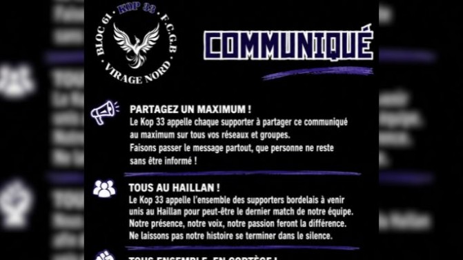Girondins : le Kop 33 appelle à un rassemblement avant le match de préparation face à Tarbes