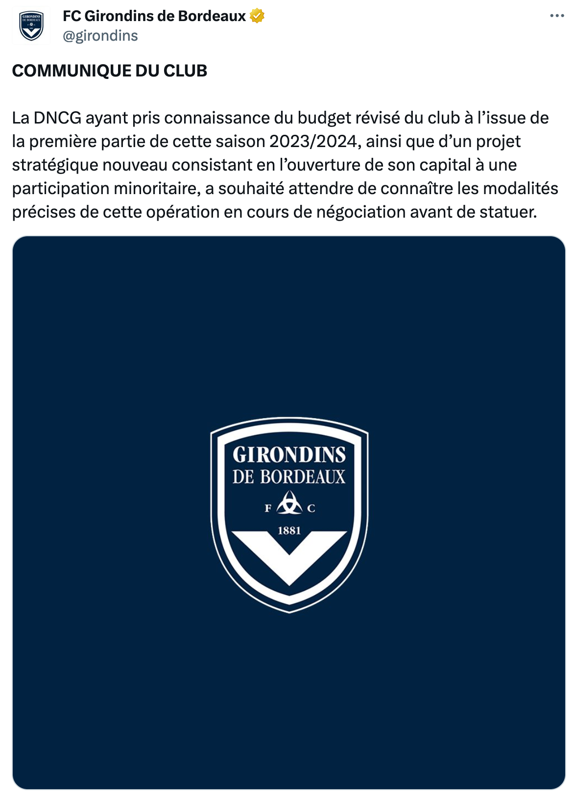 Communiqué des Girondins de Bordeaux - actu Girondins de Bordeaux